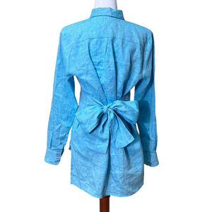 120% Lino Linen Teal Womens Long Sleeve Button Down Tunic Top Cinch Waist Tie M